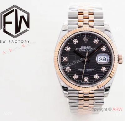 Swiss 3235 Rolex Datejust Black Fluted Motif 2-Tone Rose Gold Watch 36mm
